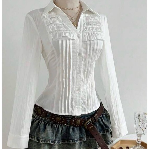 Chic White Ruffled Button-Down Shirt - Picture 3 of 12